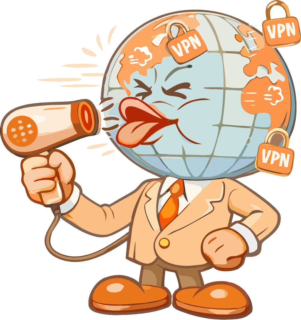 Фирменный персонаж Фен VPN — человек с головой-глобусом и феном
